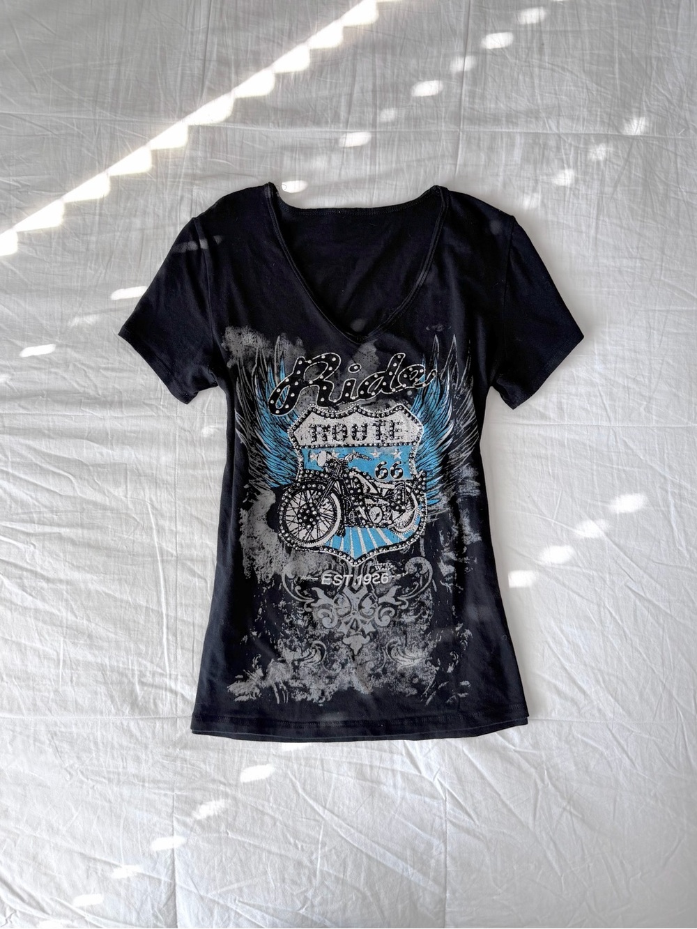Route 66 Biker Grunge Black & Blue Graphic Rhinestone Bling V-Neck Tee Size M